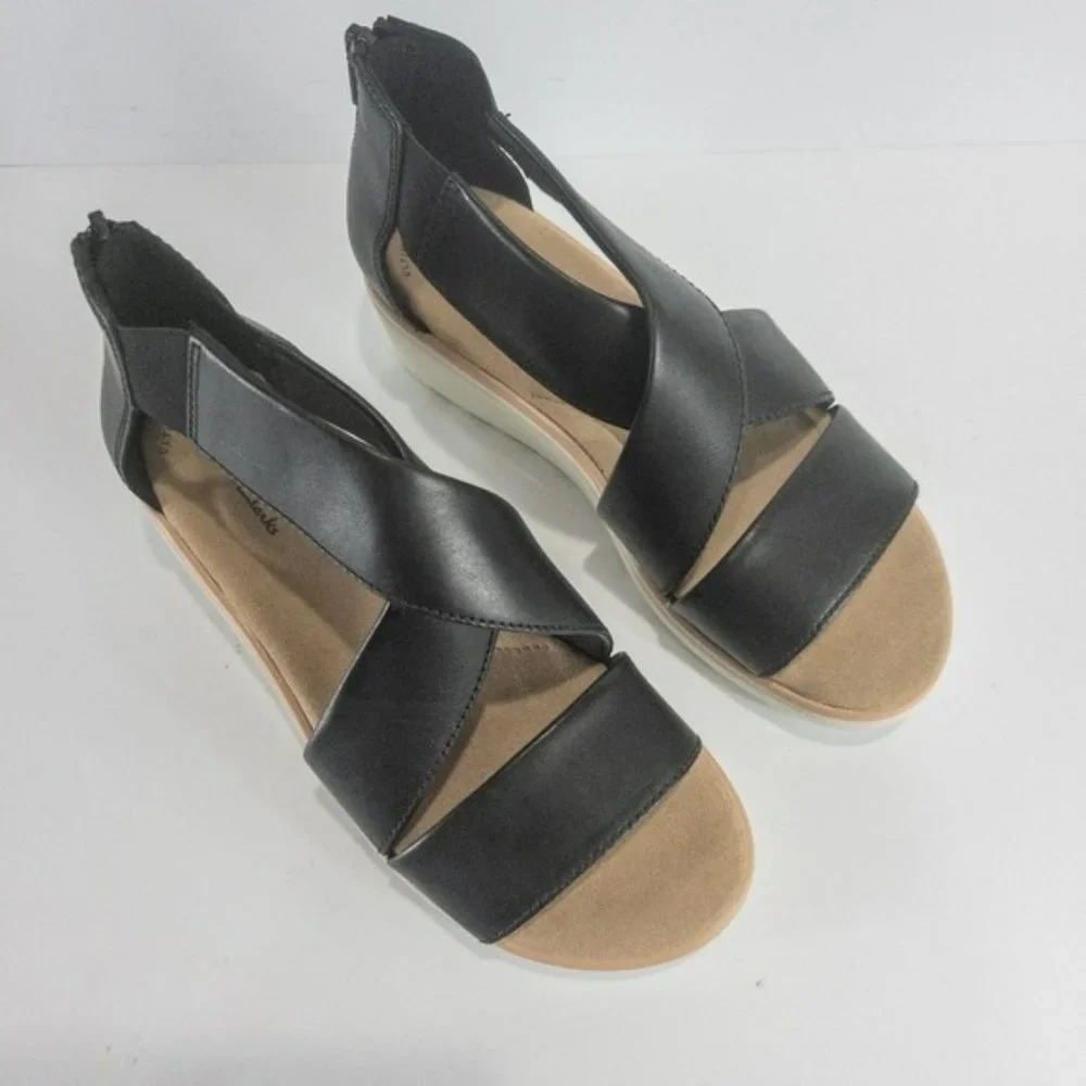 Clarks Jillian Rise Wedge Sandals Black Leather -6 - Picture 7 of 8